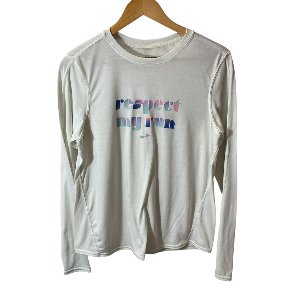 Brooks Shirt Womens Large White Respect My Run Long Sleeve Thumbholes Running